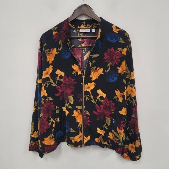 Susan Graver Womens Floral Full Zip Jacket Size XL Black Bloomcore Fall Office - Picture 1 of 10